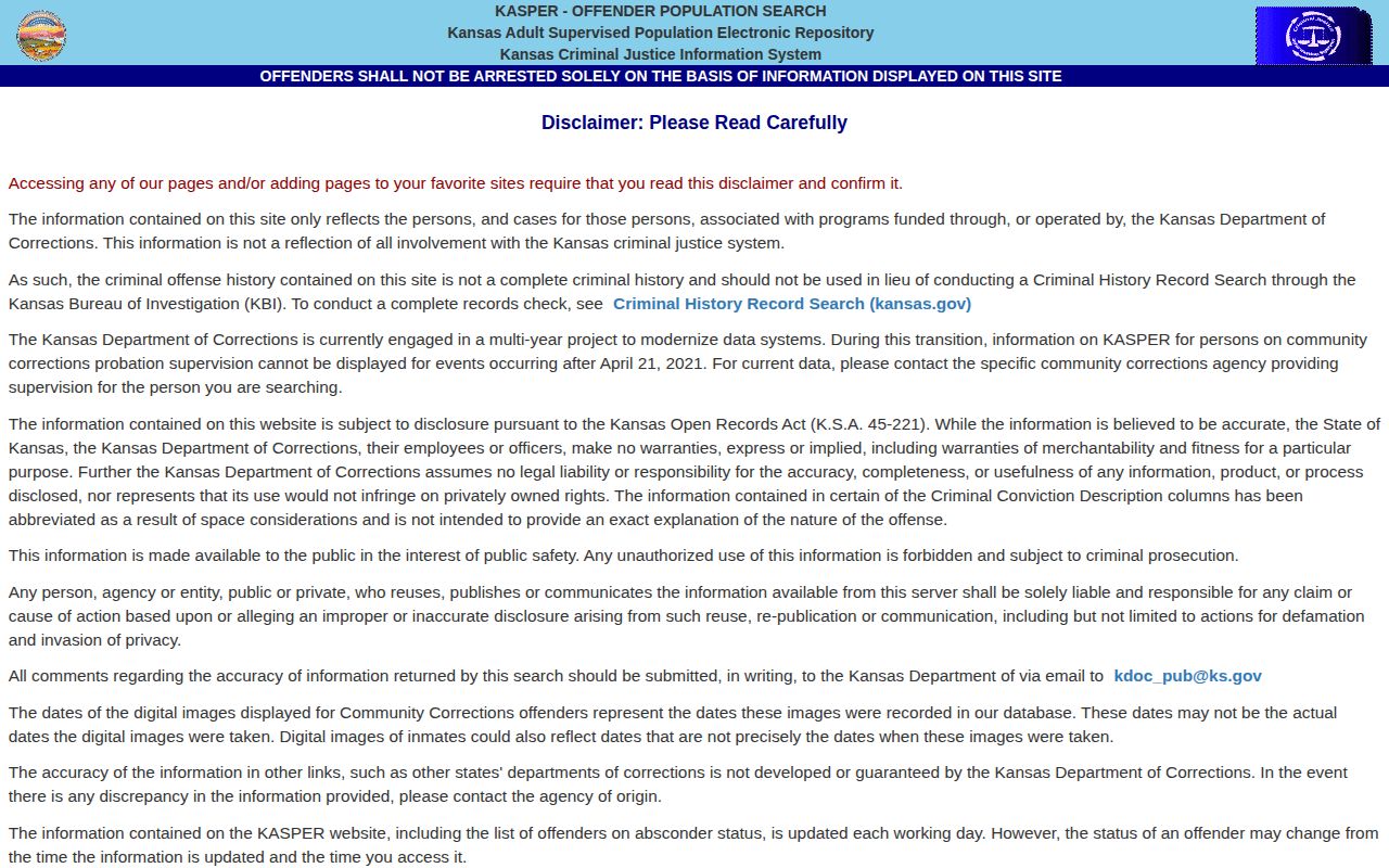 KASPER offender search disclaimer for Kansas release records