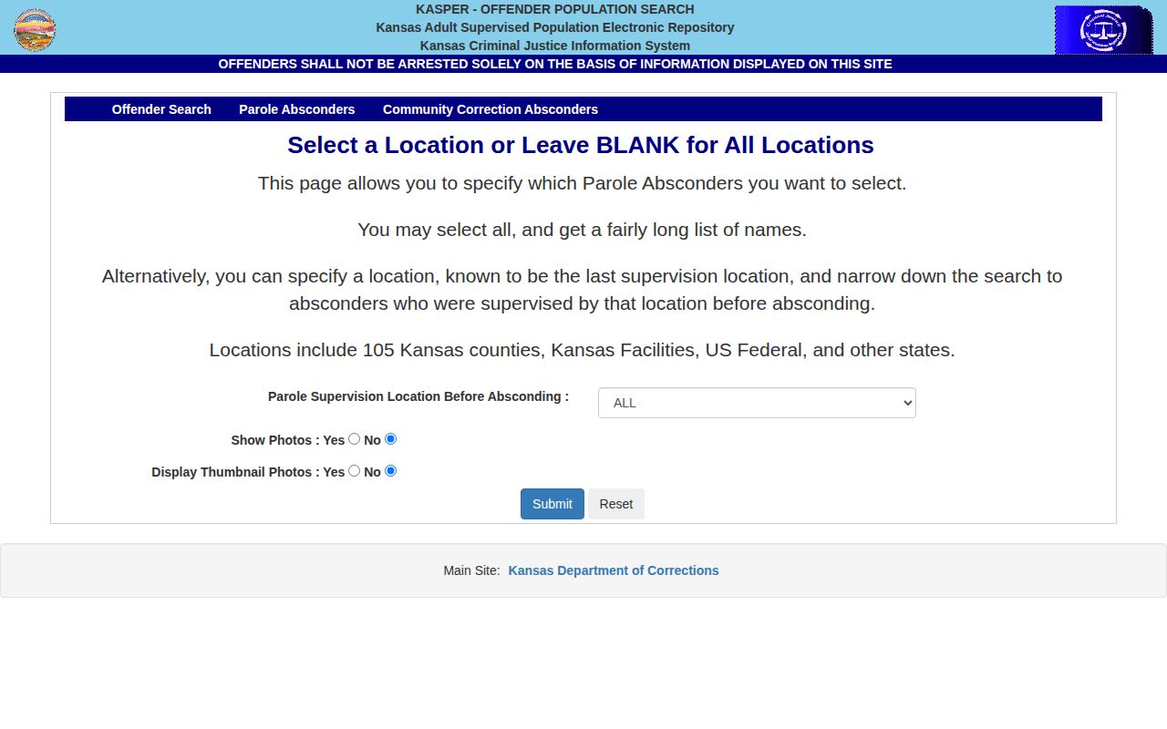 Kansas KASPER parole absconder lookup page used for Ellis County supervision checks