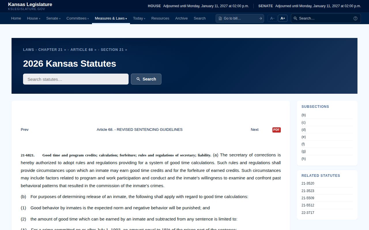 Kansas good-time statute used for an Ellis County inmate release date