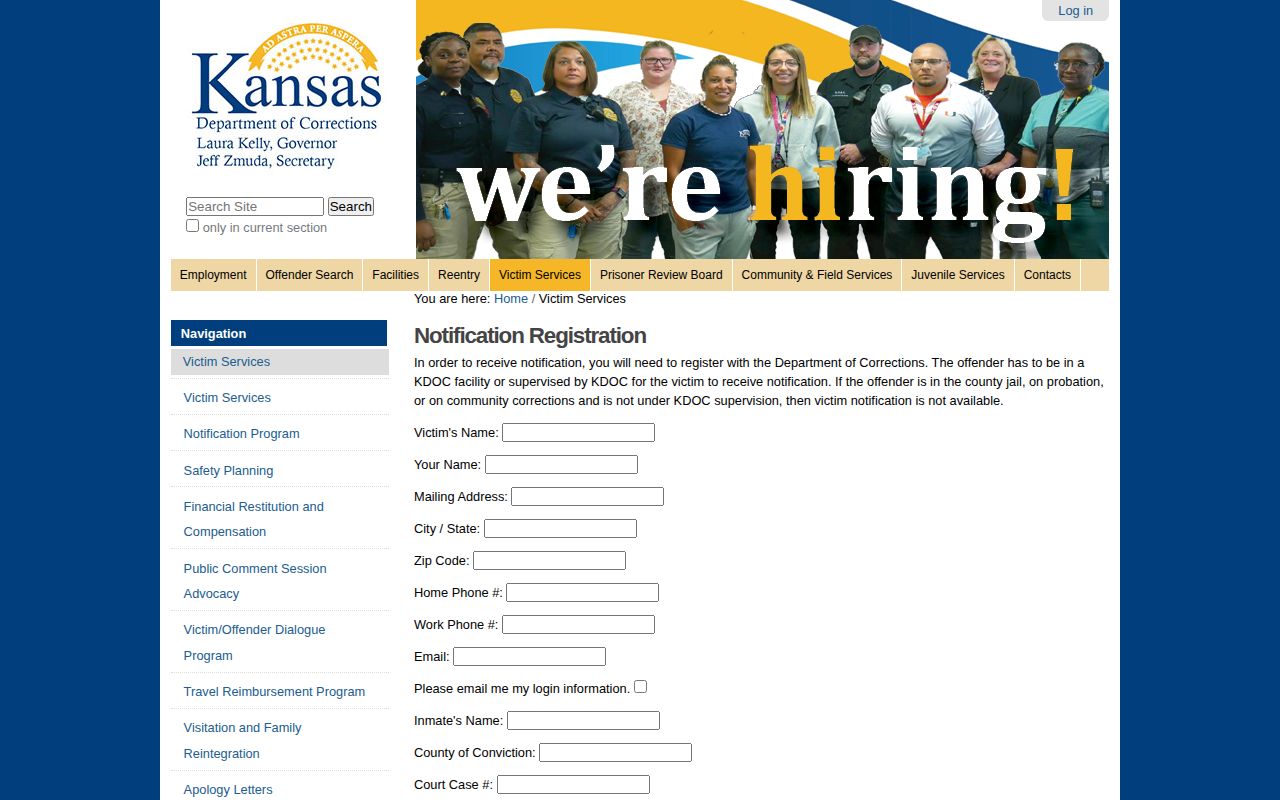 Ellis County release notification form for Kansas state corrections custody